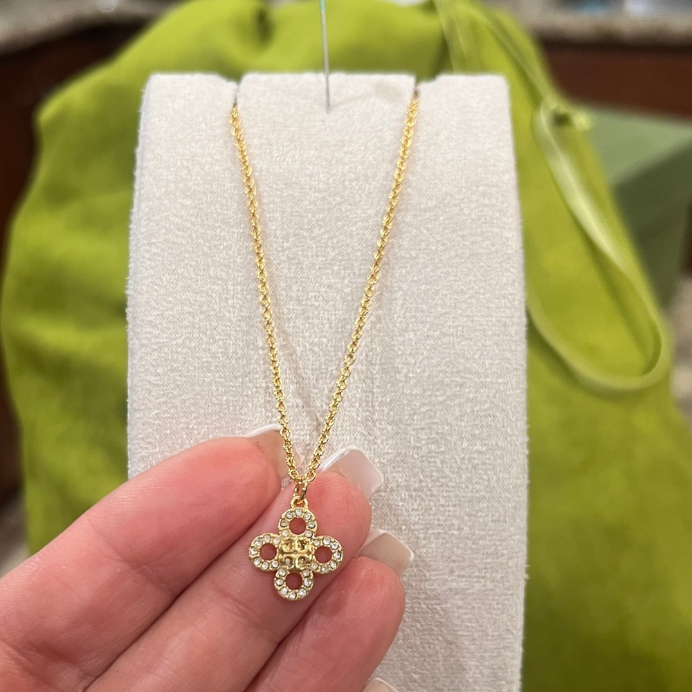 Tory Burch Kira clover pavé logo pendant necklace